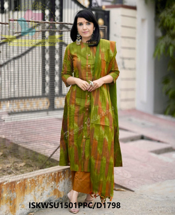 Ikkat Weaved Handloom A-Line Kurti With Handloom Cotton Pant And Dupatta-ISKWSU1501PPC/D1798