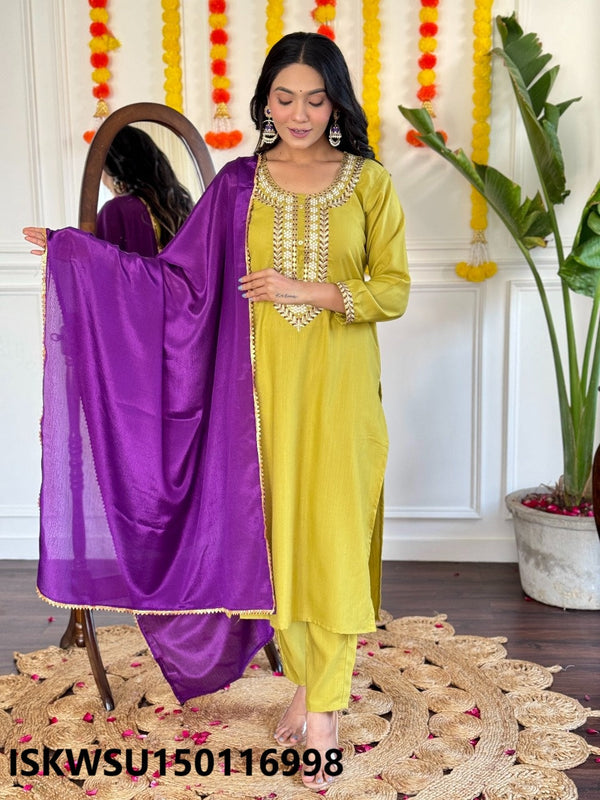 Embroidered Rayon Kurti With Pant And Silk Dupatta-ISKWSU150116998