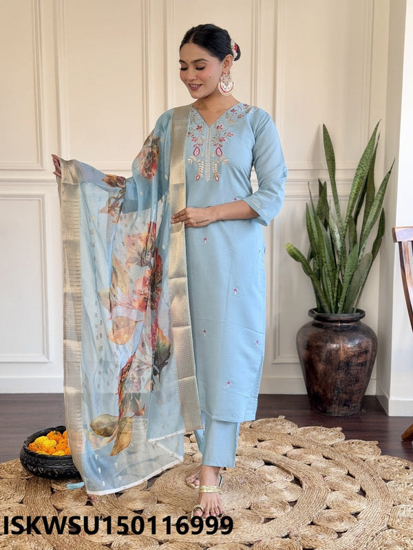 Embroidered Chanderi Kurti With Pant And Printed Silk Dupatta-ISKWSU150116999