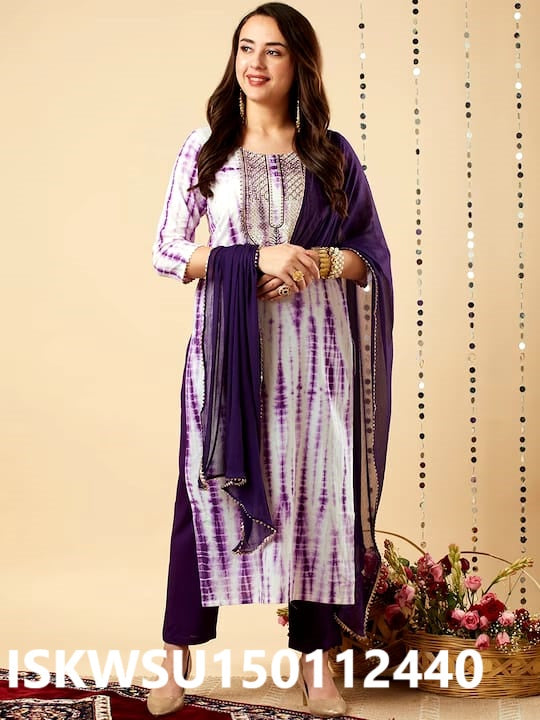 Tie And Dye Printed Rayon Kurti With Pant And Dupatta-ISKWSU150112440