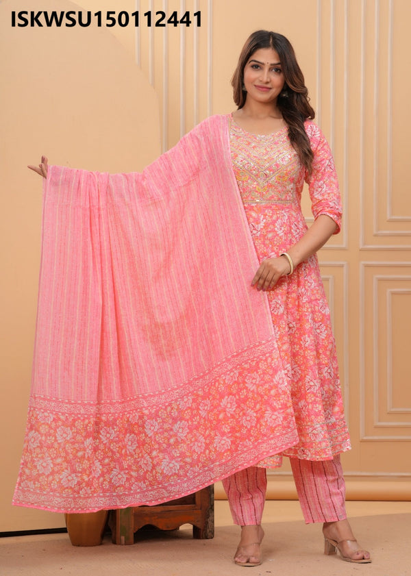 Floral Printed Cotton Anarkali Kurti With Stripe Printed Pant And Dupatta-ISKWSU150112441