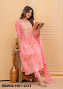 Floral Printed Cotton Anarkali Kurti With Stripe Printed Pant And Dupatta-ISKWSU150112441