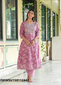 Floral Printed Cotton Anarkali Kurti With Stripe Printed Pant And Dupatta-ISKWSU150112442