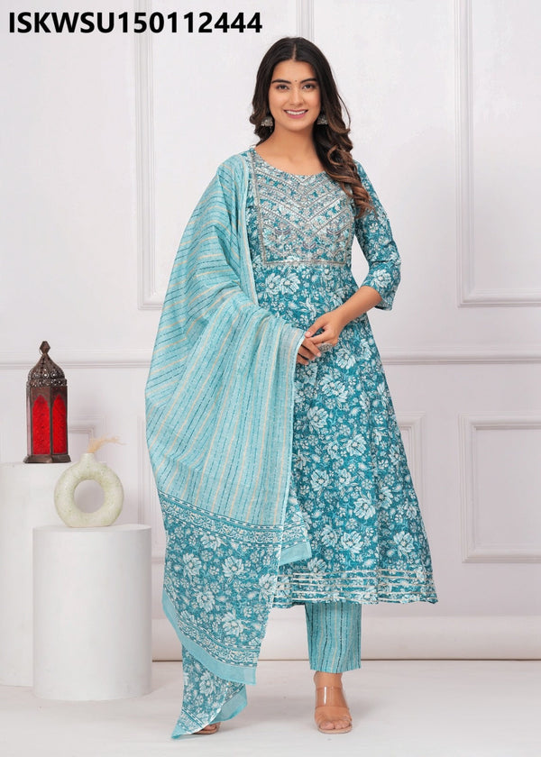 Floral Printed Cotton Anarkali Kurti With Stripe Printed Pant And Dupatta-ISKWSU150112444