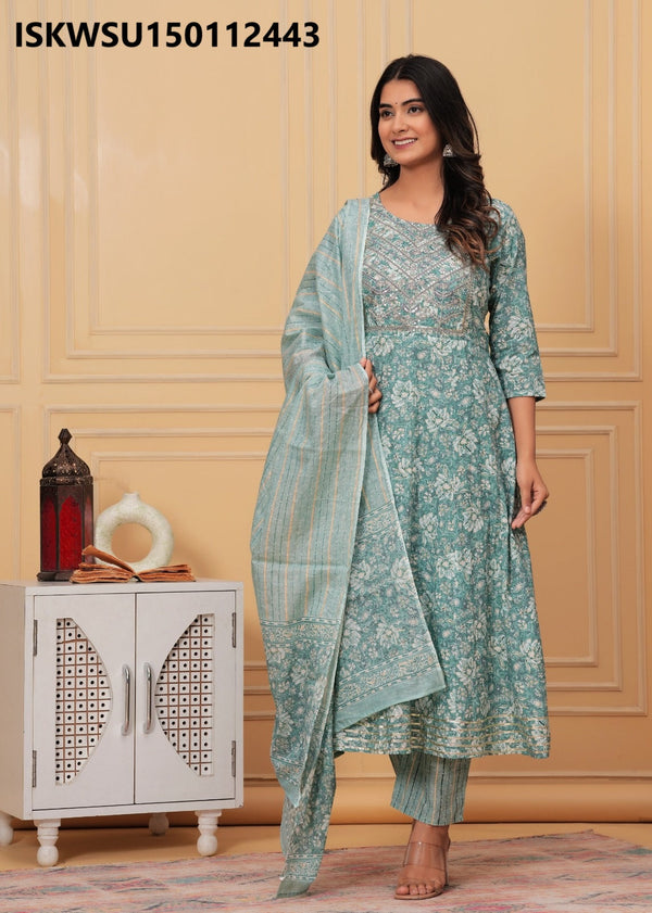 Floral Printed Cotton Anarkali Kurti With Stripe Printed Pant And Dupatta-ISKWSU150112443