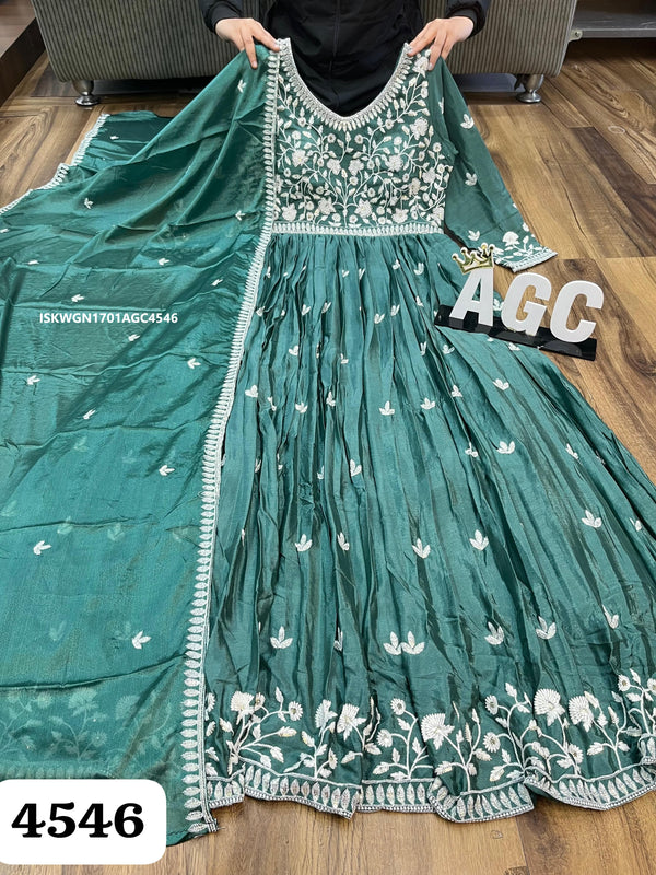 Embroidered Chinon Silk Gown With Dupatta-ISKWGN1701AGC4546