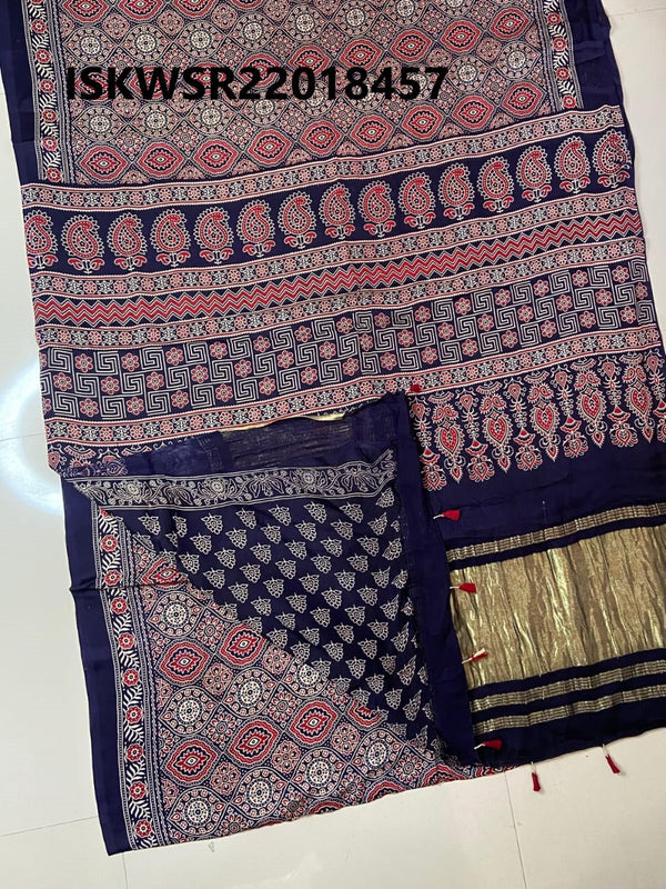 Ajrakh Printed Modal Silk Saree With Blouse-ISKWSR22018457