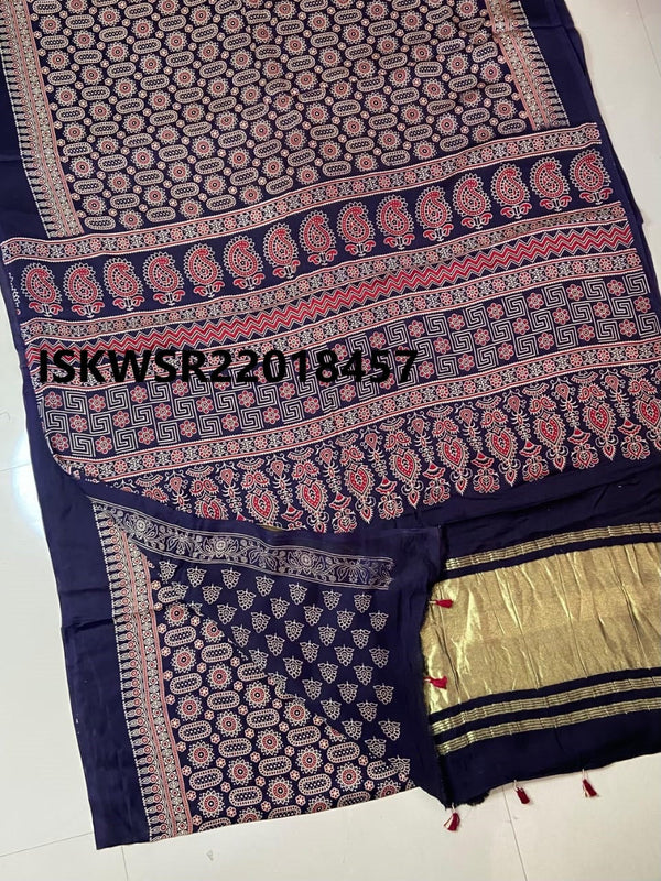 Ajrakh Printed Modal Silk Saree With Blouse-ISKWSR22018457