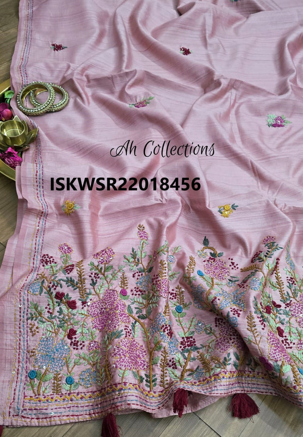 Embroidered Tussar Silk Saree With Blouse-ISKWSR22018456