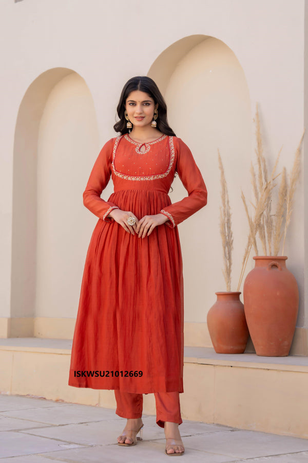 Embroidered Banarasi Malmal Chanderi Flared Kurti With Pant And Dupatta-ISKWSU21012669