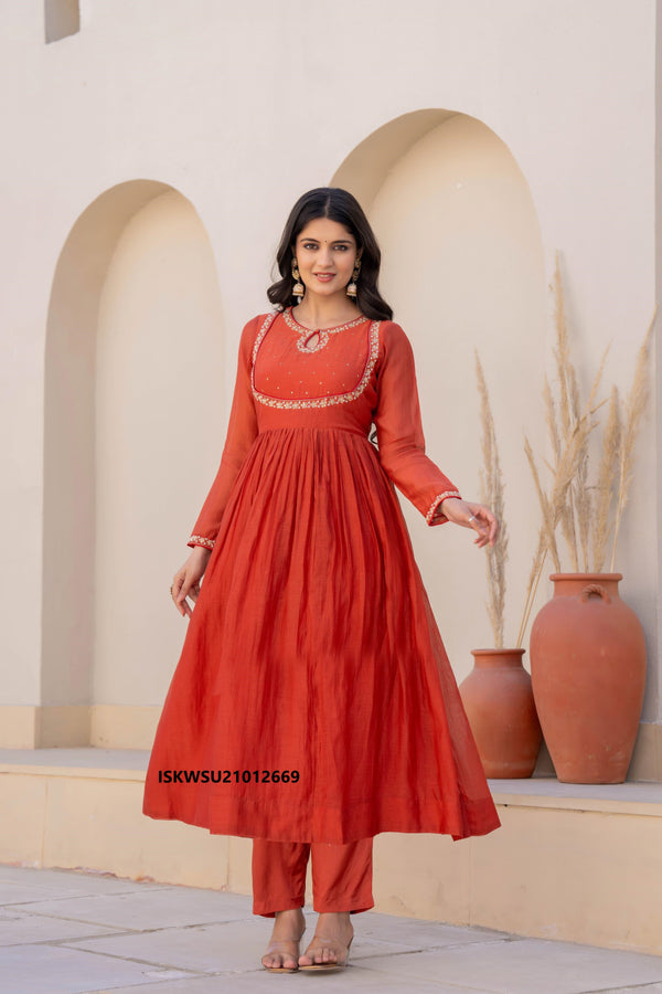 Embroidered Banarasi Malmal Chanderi Flared Kurti With Pant And Dupatta-ISKWSU21012669