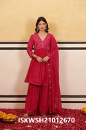 Embroidered Malmal Chanderi Flared Kurti With Sharara And Dupatta-ISKWSH21012670