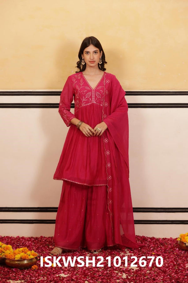 Embroidered Malmal Chanderi Flared Kurti With Sharara And Dupatta-ISKWSH21012670