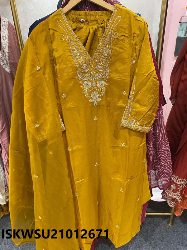 Embroidered Silk Kurti With Pant And Organza Dupatta-ISKWSU21012671