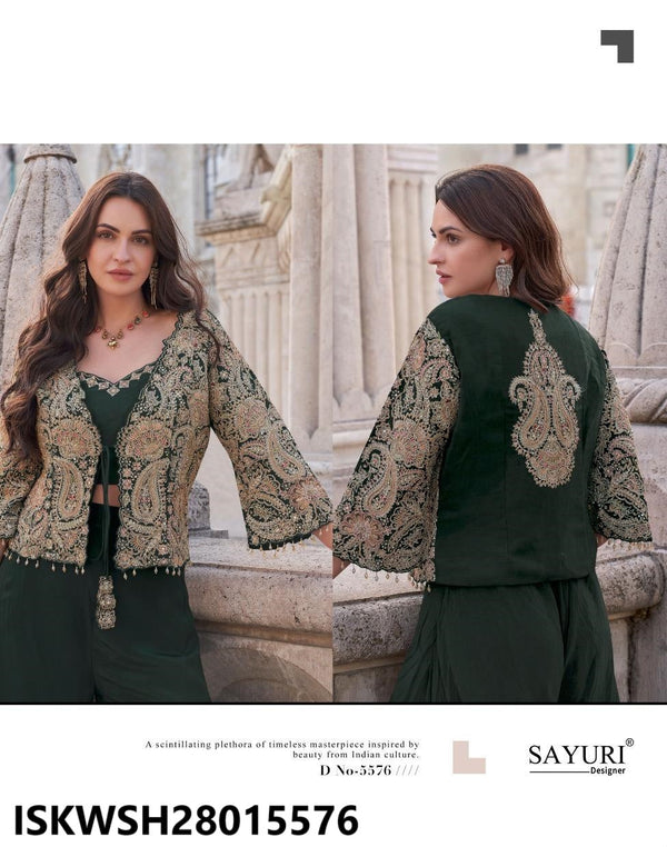 Silk Sharara And Crop Top And Embroidered Jacket-ISKWSH28015576