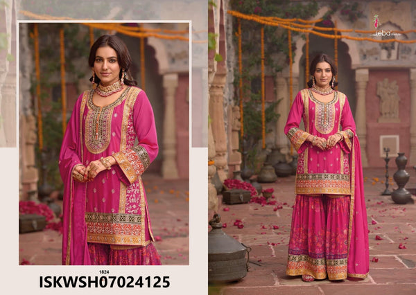 Embroidered Chinon Kurti With Digital Printed Sharara And Dupatta-ISKWSH07024125