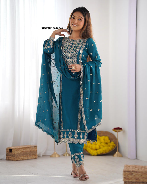 Embroidered Chinon Silk Kurti With Pant And Dupatta-ISKWSU25028548