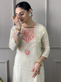 Embroidered Chanderi Kurti With Pant And Printed Silk Dupatta-ISKWSU25028549