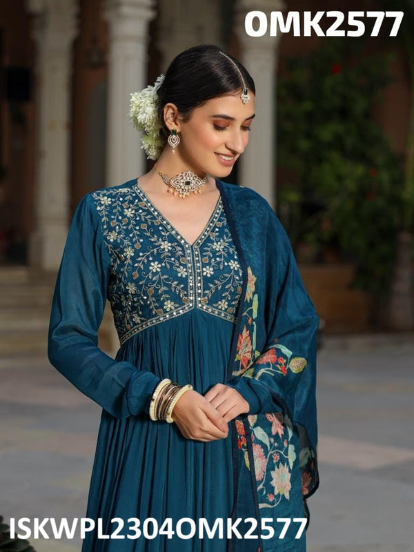 Embroidered Chinon Anarkali Kurti With Palazzo And Floral Printed Dupatta-ISKWPL2304OMK2577