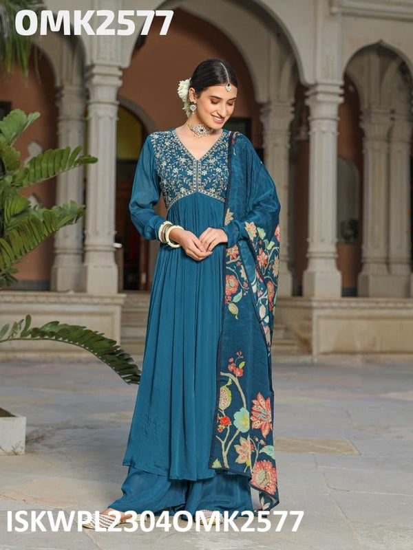 Embroidered Chinon Anarkali Kurti With Palazzo And Floral Printed Dupatta-ISKWPL2304OMK2577