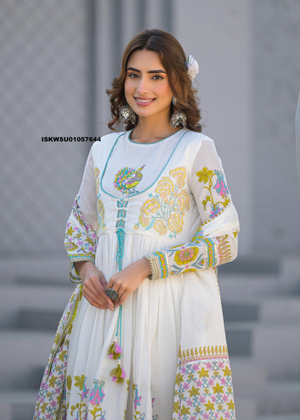 Floral Printed Malmal Cotton Anarkali Kurti With Pant And Dupatta-ISKWSU01057644
