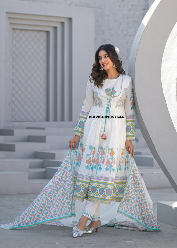 Floral Printed Malmal Cotton Anarkali Kurti With Pant And Dupatta-ISKWSU01057644