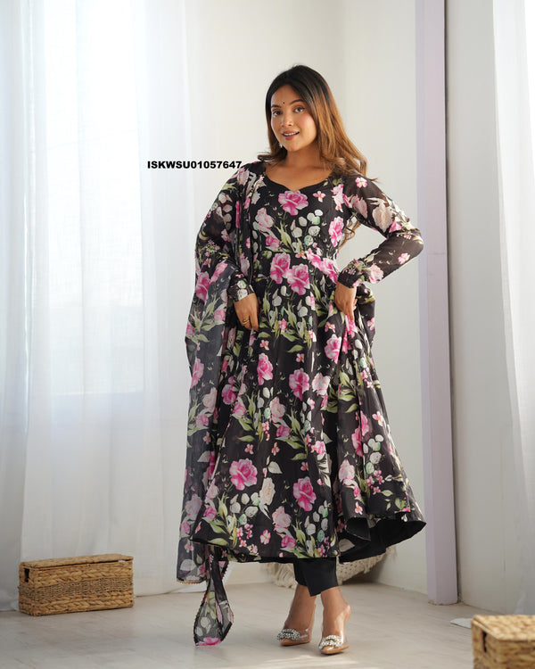 Floral Printed Organza Anarkali Kurti With Pant And Dupatta-ISKWSU01057647