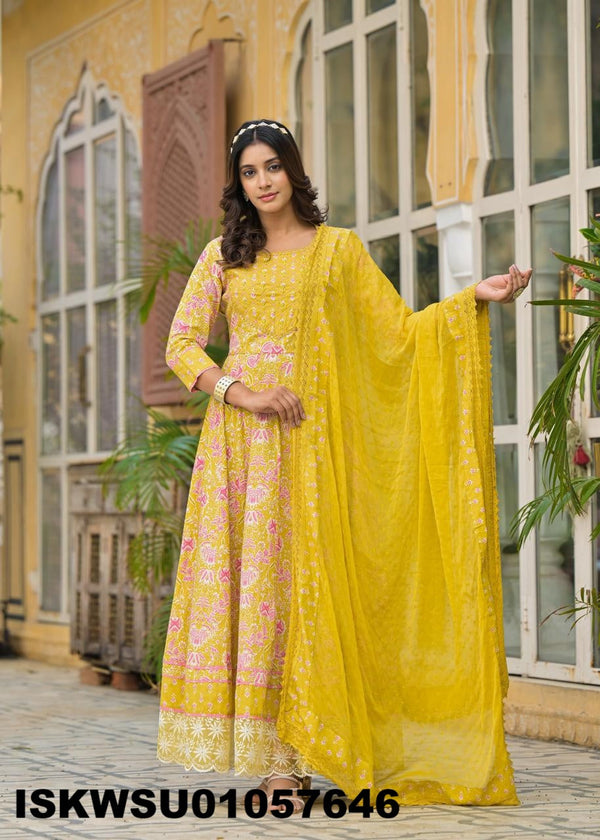 Printed Cotton Anarkali Kurti With Pant And Dupatta-ISKWSU01057646