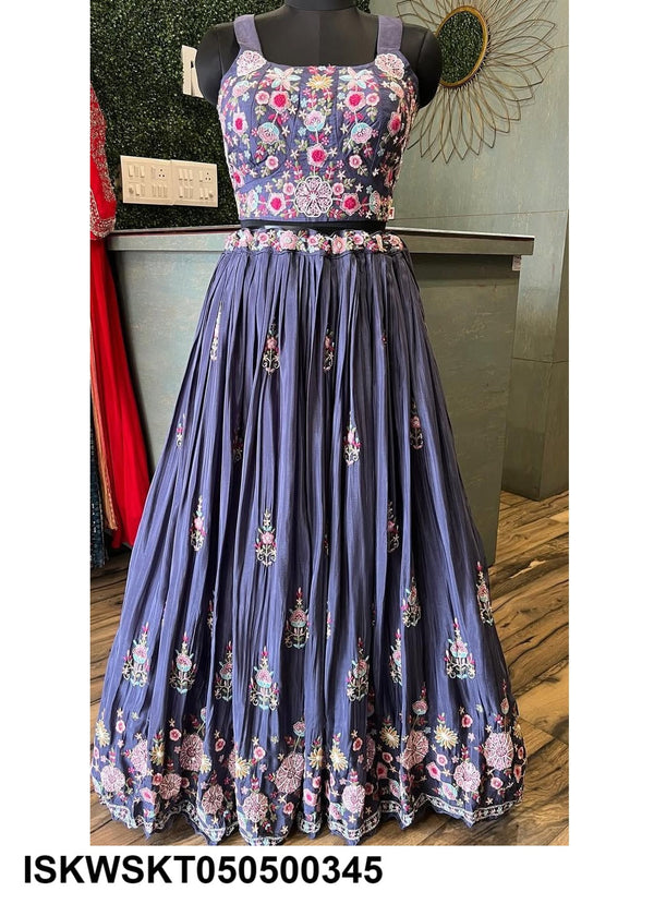 Embroidered Chinon Skirt With Georgette Blouse And Organza Dupatta-ISKWSKT050500345