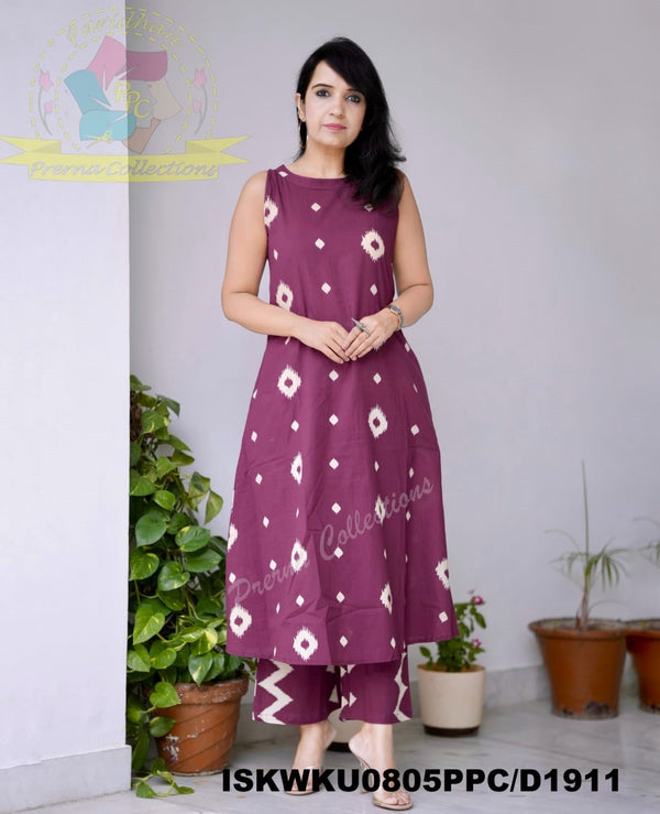 Ikkat Printed Cotton A-Line Kurti With Pant-ISKWKU0805PPC/D1911