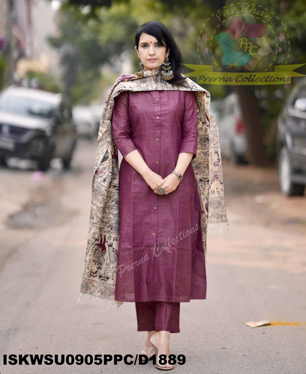 Khadi Cotton Kurti With Khadi Pant And Madhubani Printed Dupatta-ISKWSU0905PPC/D1889