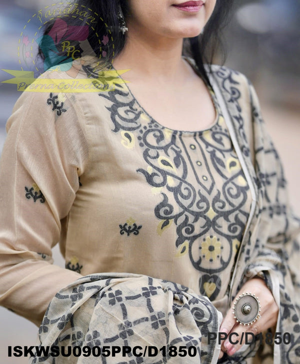 Hand Jamdani Weaved Cotton Kurti With Pant And Dupatta-ISKWSU0905PPC/D1850