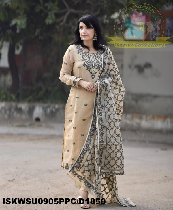 Hand Jamdani Weaved Cotton Kurti With Pant And Dupatta-ISKWSU0905PPC/D1850