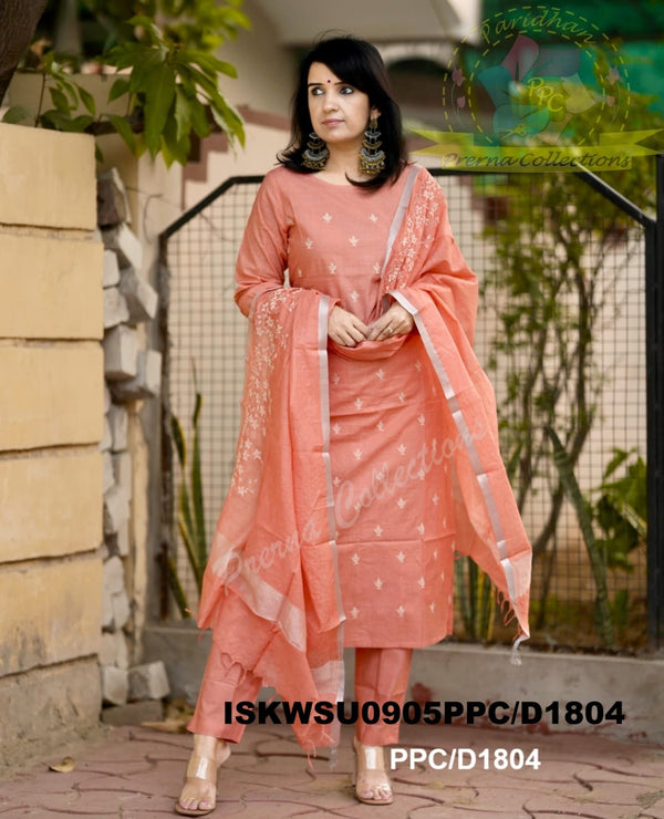Embroidered Cotton Silk Kurti With Pant And Dupatta-ISKWSU0905PPC/D1804