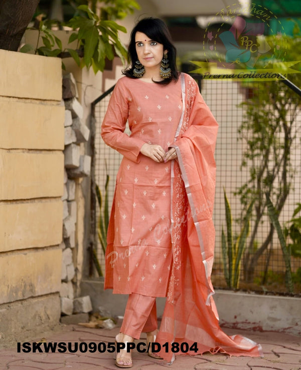 Embroidered Cotton Silk Kurti With Pant And Dupatta-ISKWSU0905PPC/D1804