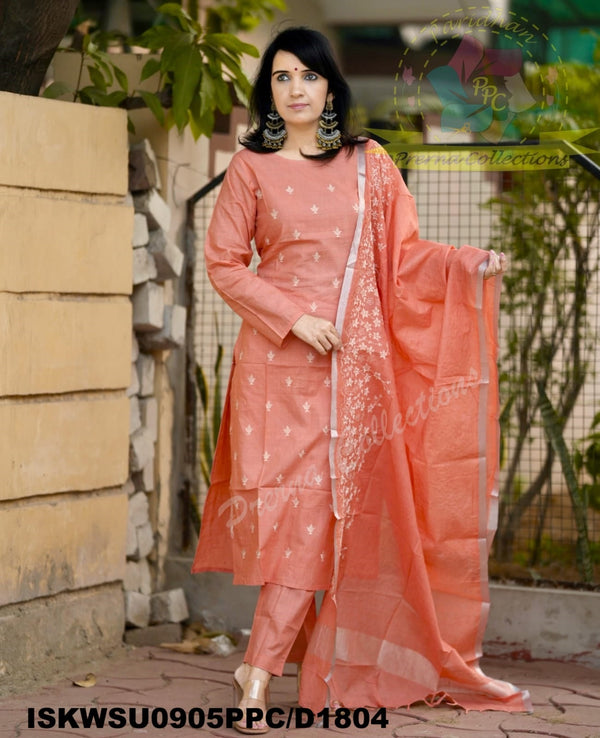 Embroidered Cotton Silk Kurti With Pant And Dupatta-ISKWSU0905PPC/D1804