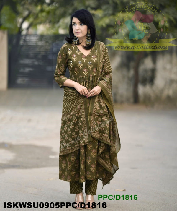 Ajrakh Printed Cotton Anarkali Kurti With Pant And Malmal Cotton Dupatta-ISKWSU0905PPC/D1816