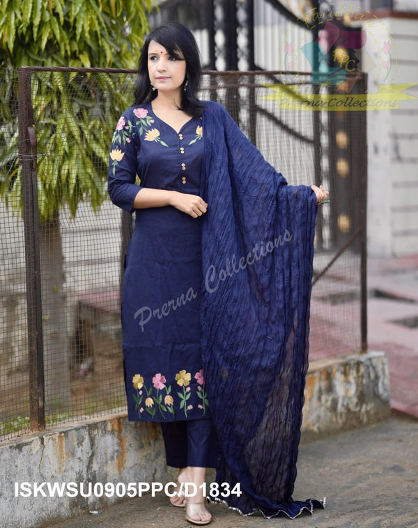 Embroidered Cotton Kurti With Pant And Malmal Cotton Dupatta-ISKWSU0905PPC/D1834