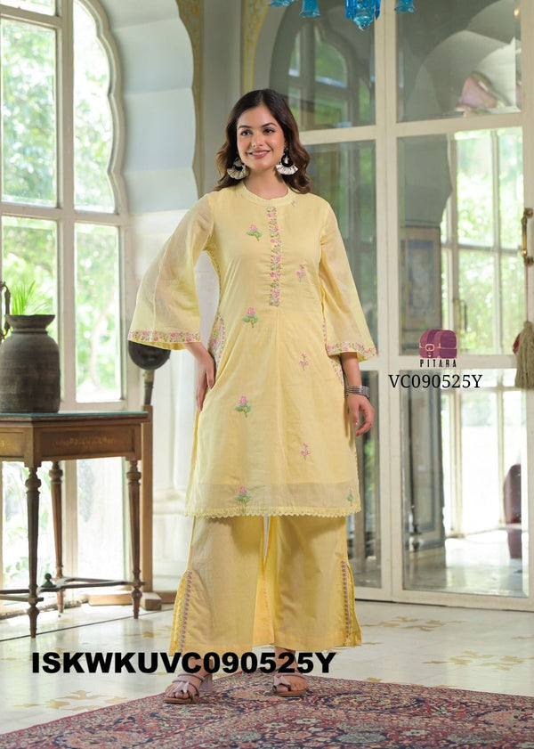 Embroidered Malmal Cotton Kurti With Slit Pant-ISKWKUVC090525Y/VC090525W/VC090525G/VC090525P