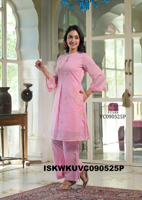 Embroidered Malmal Cotton Kurti With Slit Pant-ISKWKUVC090525Y/VC090525W/VC090525G/VC090525P