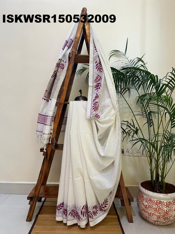 Embroidered Cotton Saree With Blouse-ISKWSR150532009