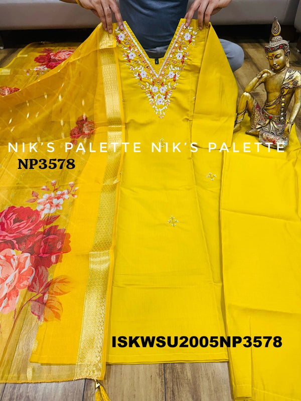 Embroidered Maslin Silk Kurti With Pant And Digital Printed Organza Silk Dupatta-ISKWSU2005NP3578