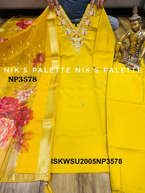 Embroidered Maslin Silk Kurti With Pant And Digital Printed Organza Silk Dupatta-ISKWSU2005NP3578