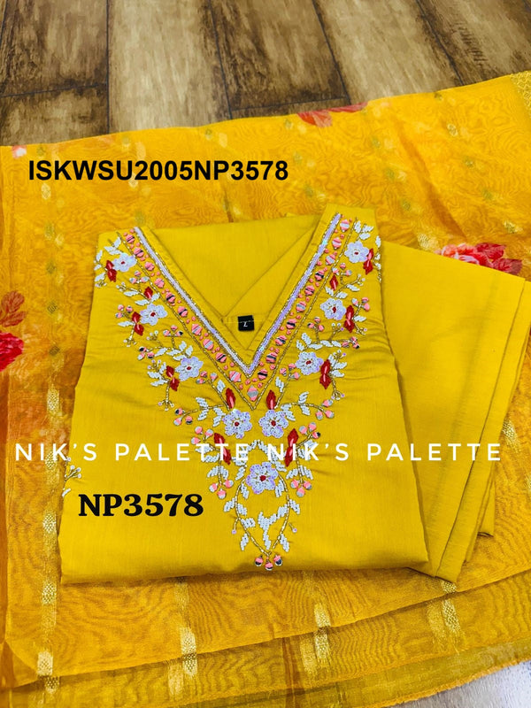 Embroidered Maslin Silk Kurti With Pant And Digital Printed Organza Silk Dupatta-ISKWSU2005NP3578