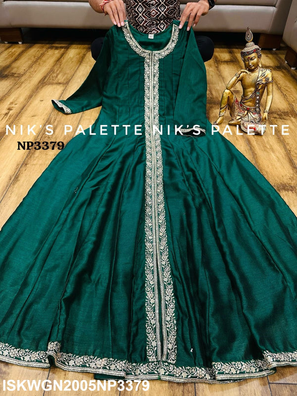 Embroidered Silk Front Slit Gown With Reshma Banarasi Weaved Dupatta-ISKWGN2005NP3379