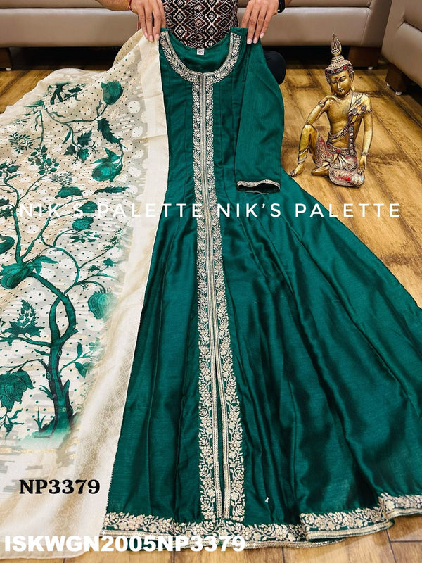Embroidered Silk Front Slit Gown With Reshma Banarasi Weaved Dupatta-ISKWGN2005NP3379