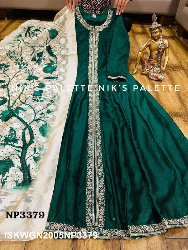 Embroidered Silk Front Slit Gown With Reshma Banarasi Weaved Dupatta-ISKWGN2005NP3379