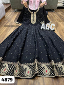 Embroidered Silk Gown With Dupatta-ISKWGN2205AGC4879