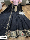 Embroidered Silk Gown With Dupatta-ISKWGN2205AGC4879