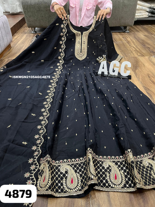 Embroidered Silk Gown With Dupatta-ISKWGN2205AGC4879